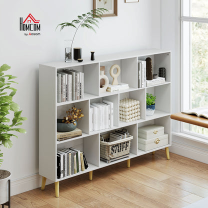 Bookshelf with 10 Cubbies, 3-Tier Book Shelf with Wood Legs, White