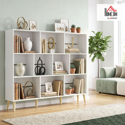 Bookshelf with 10 Cubbies, 3-Tier Book Shelf with Wood Legs, White