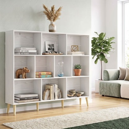 Bookshelf with 10 Cubbies, 3-Tier Book Shelf with Wood Legs, White