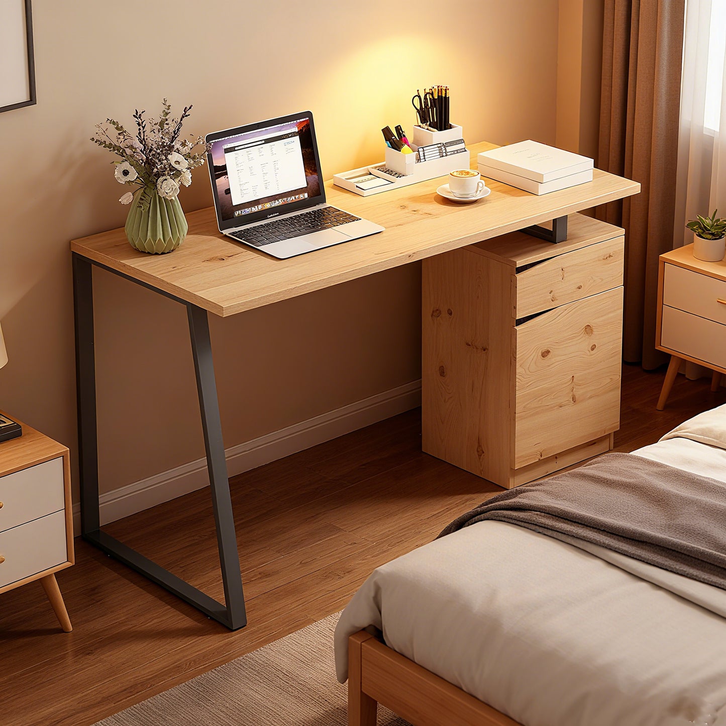 Computer Desk, Writing Table with Cabinet and Drawer, Natural