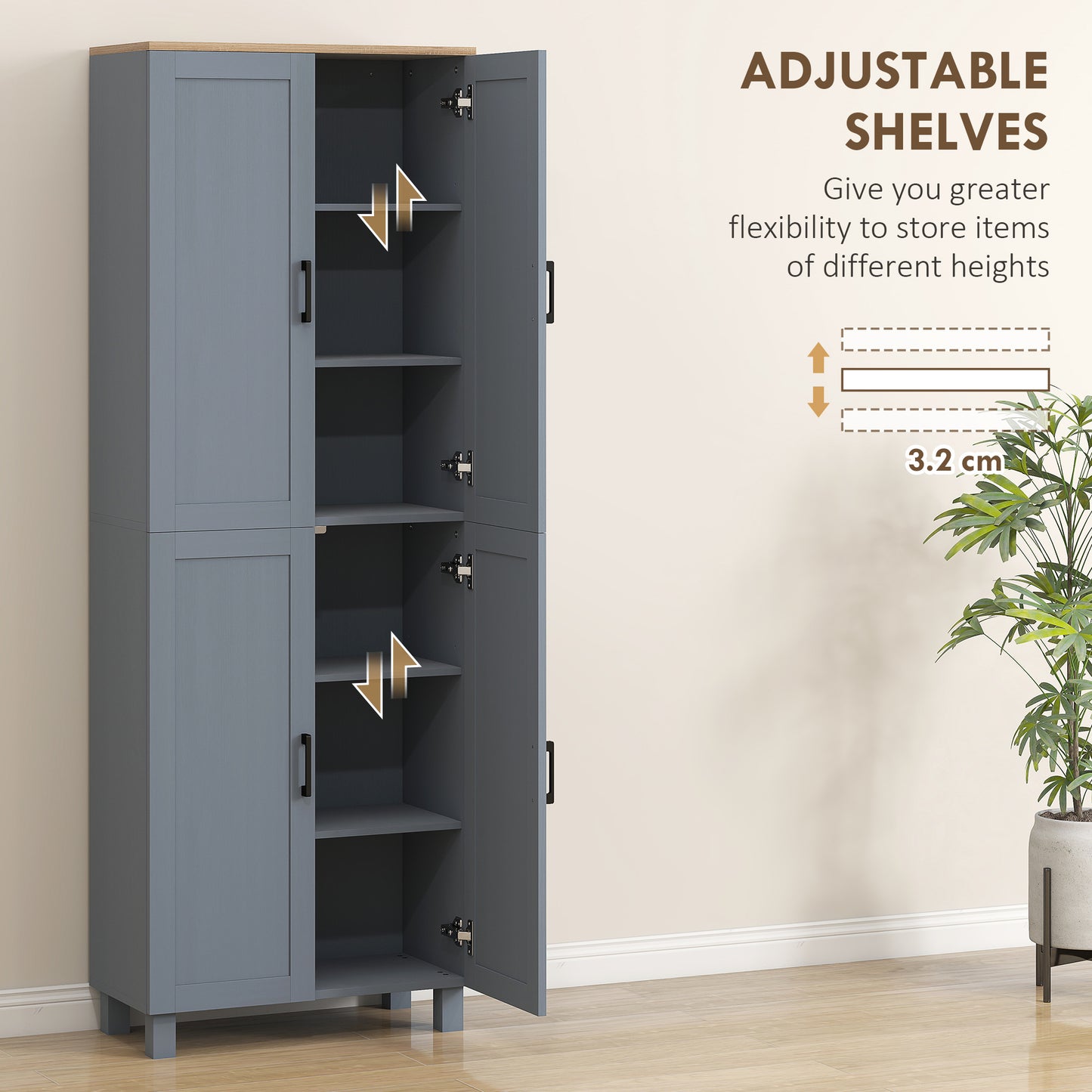 Modern Kitchen Cupboard Storage Cabinet with 6 Shelves, Grey