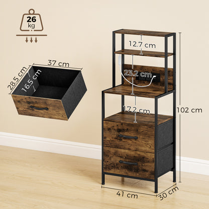 Bedside Table with Charging Station and LED Light Strips, Industrial Nightstand with 2 Drawers, Bedside Cabinet for Living Room Bedroom, Rustic Brown