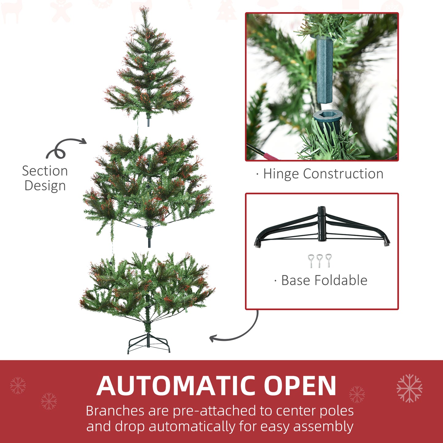 6ft Pre-Lit Christmas Tree Artificial Spruce Xmas Tree Warm White LED Holiday Décor with Metal Stand