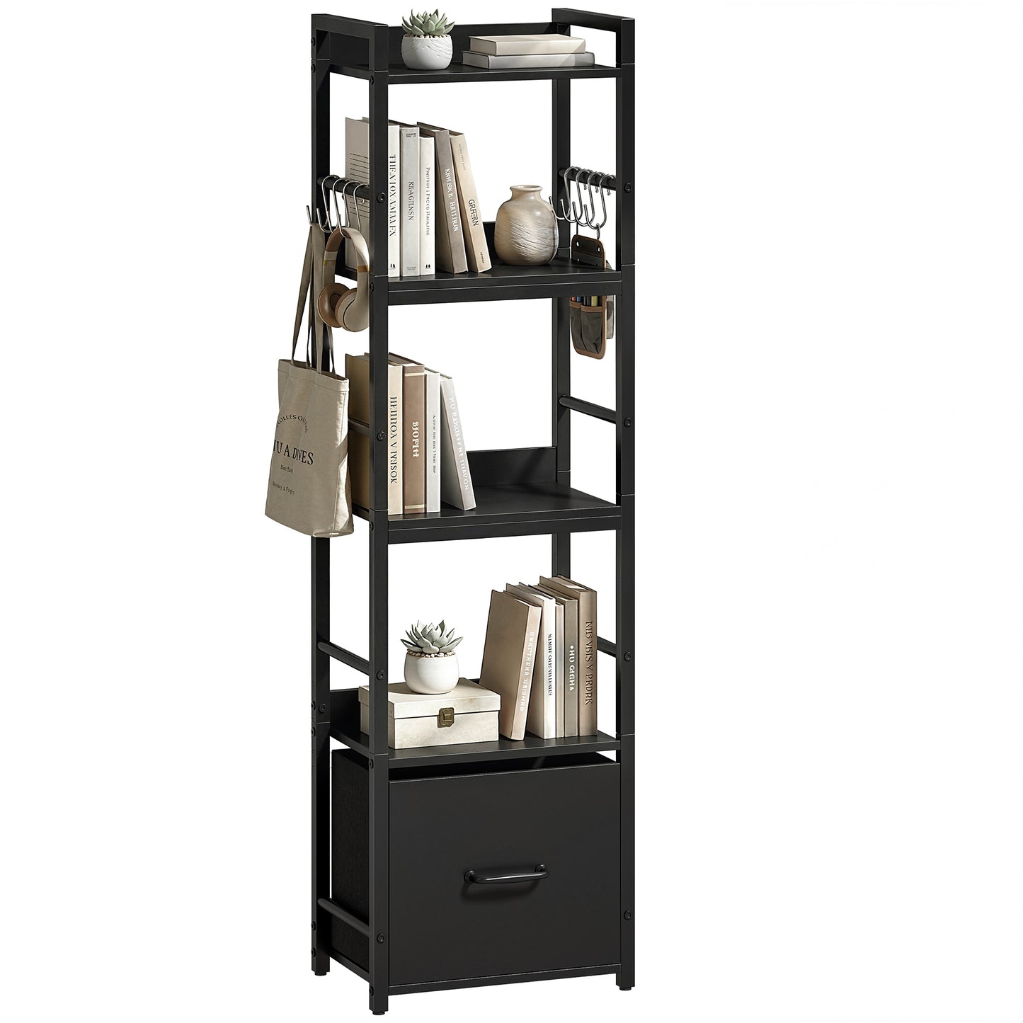 4-Tier Bookshelf, Shelving Unit with Drawer, 8 Hooks, Black