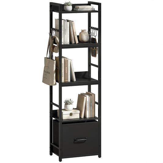 4-Tier Bookshelf, Shelving Unit with Drawer, 8 Hooks, Black