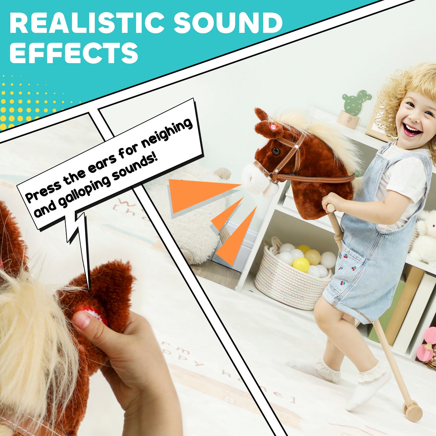 Stick Horse with Wood Wheels, Pony Neighing and Galloping Sounds