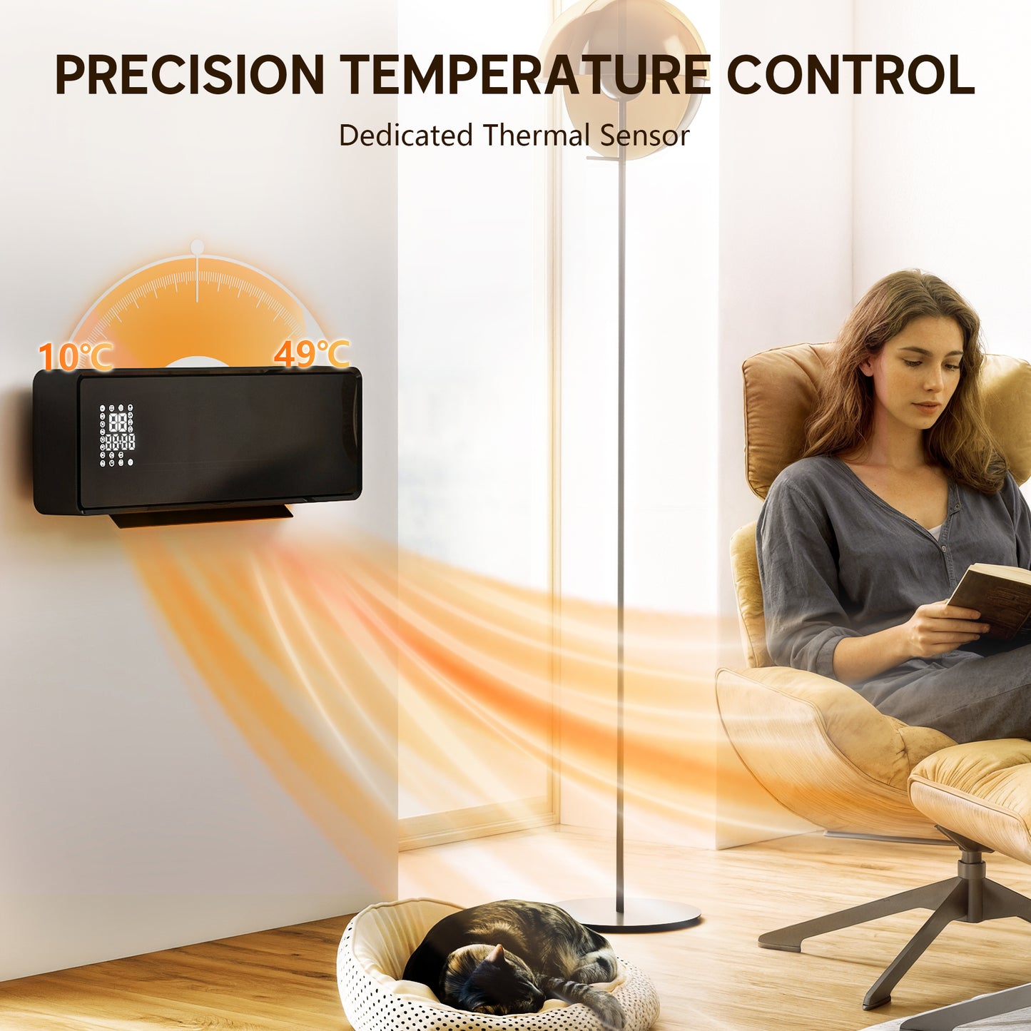 2000W Ceramic Electric Heater with Fan, Wall Mounted, Black