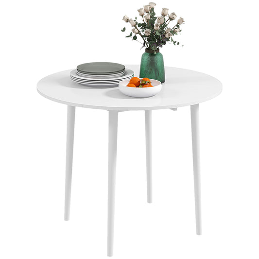 Foldable Dining Table, Round Drop Leaf Table, Wood Legs, White