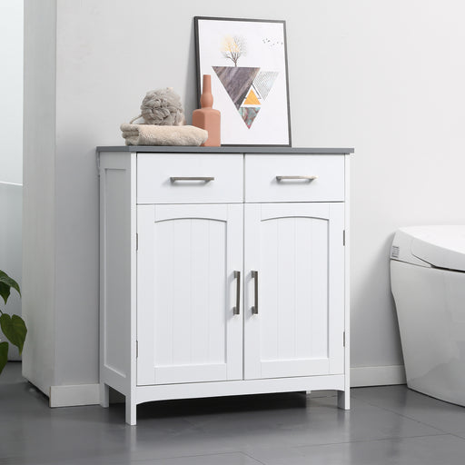 Kleankin Bathroom Floor Cabinet, Freestanding Wooden Free Standing Storage Cupboard with 2 Drawers, Double Doors, Adjustable Shelf, White