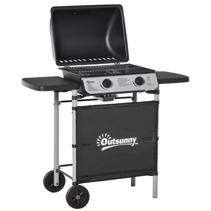2 Burner Gas Barbecue Grill with Side Shelves & Wheels