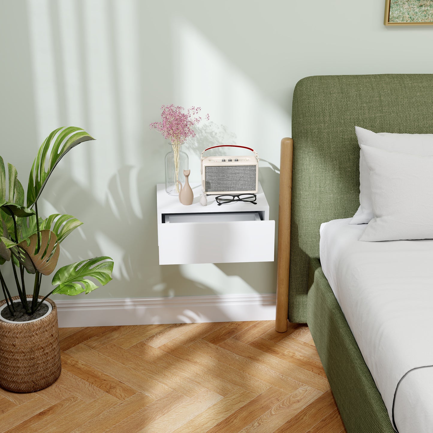 Floating Bedside Table, Wall-Mounted Side Table for Bedroom, White