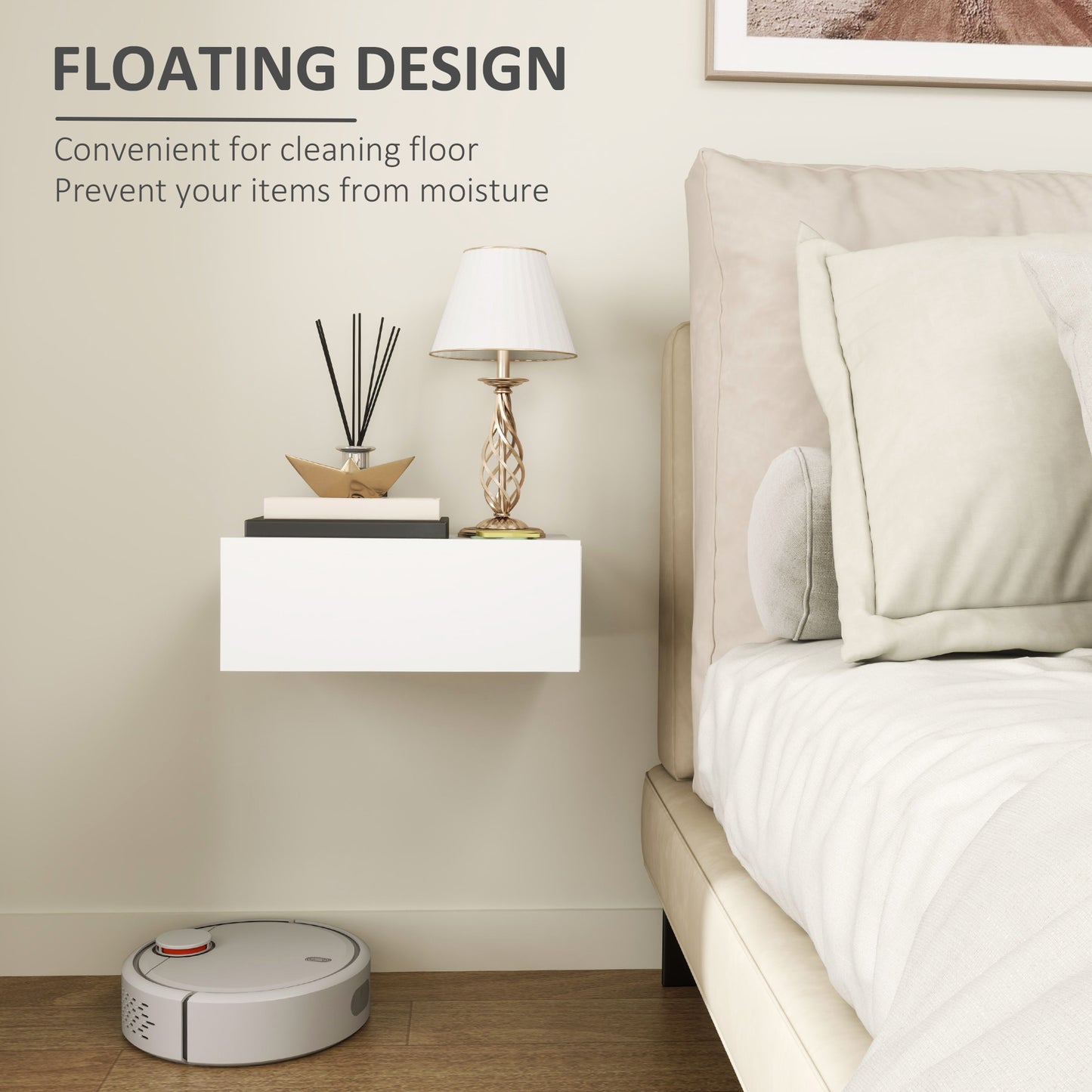 Floating Bedside Table, Wall-Mounted Side Table for Bedroom, White