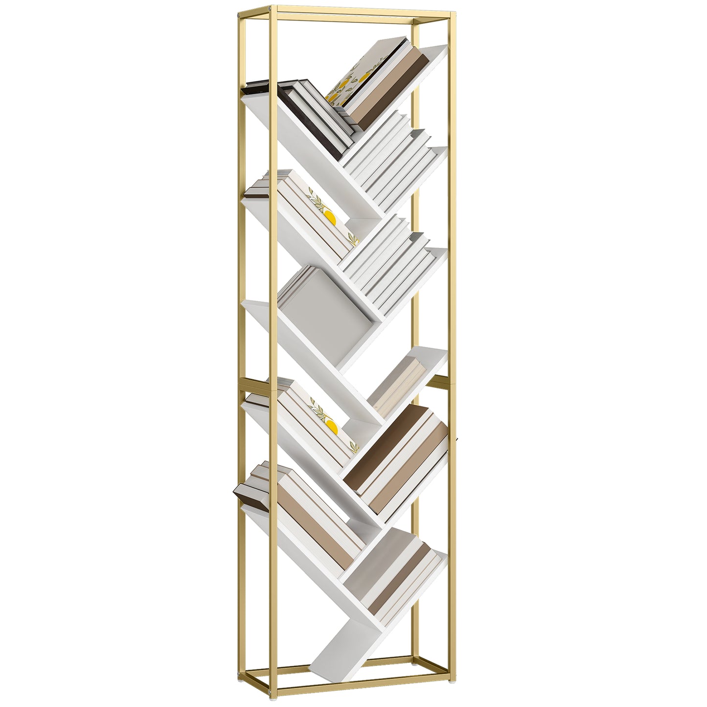 10 Tier Tree Bookshelf Modern Tall Bookcase White Gold Tone