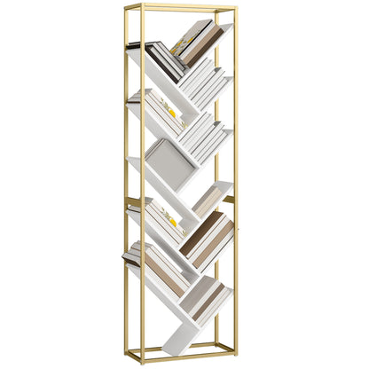 10 Tier Tree Bookshelf Modern Tall Bookcase White Gold Tone