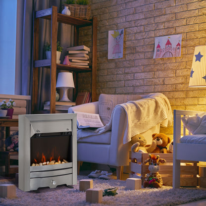 Electric Fireplace Stainless Steel 2KW Heater LED Fire Flame Silver
