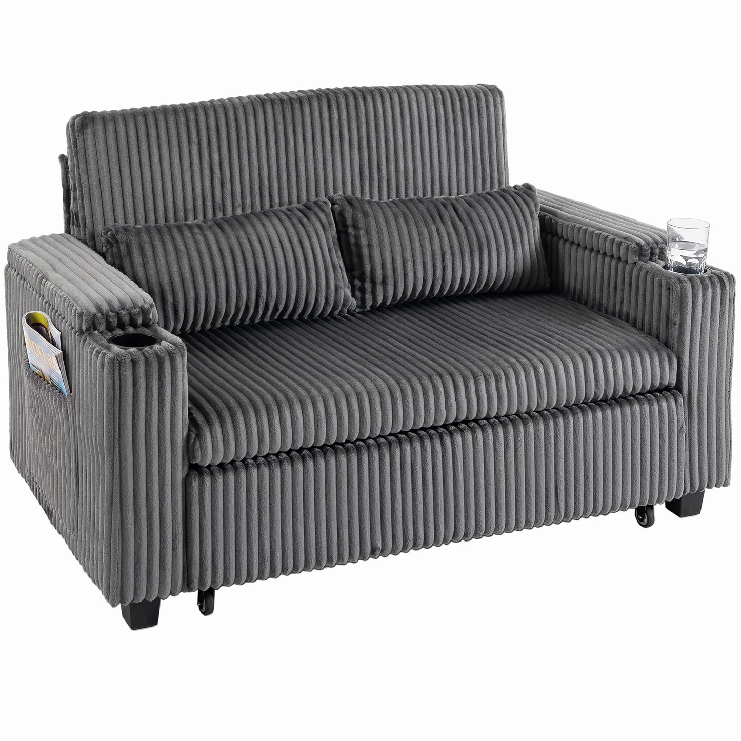 2 Seater Sofa Bed, 3-in-1 Corduroy Pull Out Sleeper Sofa, Dark Grey