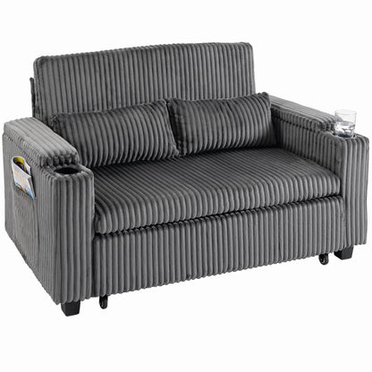 2 Seater Sofa Bed, 3-in-1 Corduroy Pull Out Sleeper Sofa, Dark Grey