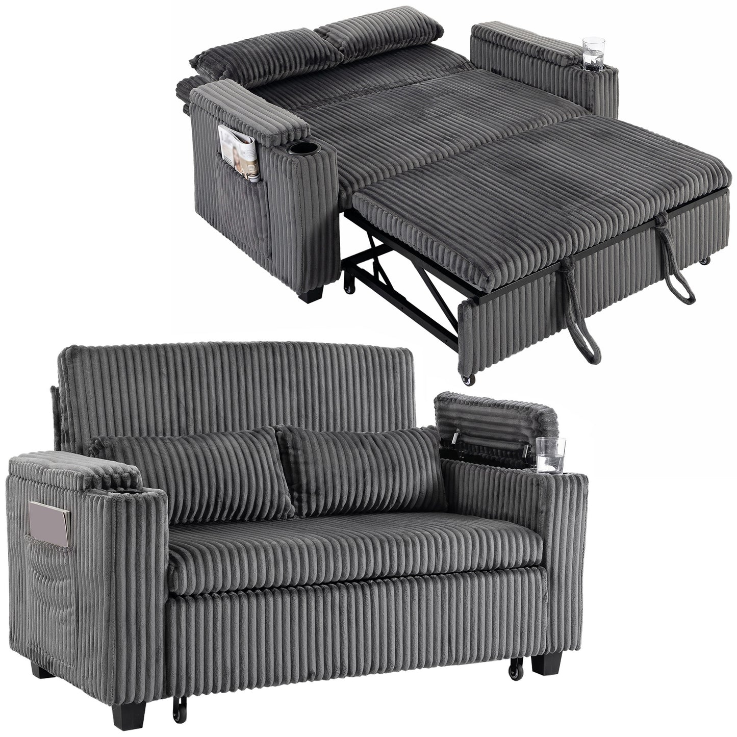 2 Seater Sofa Bed, 3-in-1 Corduroy Pull Out Sleeper Sofa, Dark Grey
