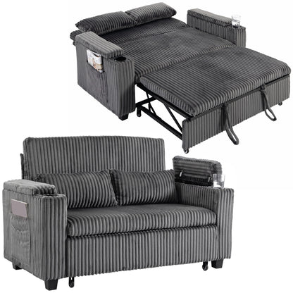 2 Seater Sofa Bed, 3-in-1 Corduroy Pull Out Sleeper Sofa, Dark Grey