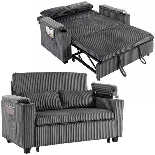 2 Seater Sofa Bed, 3-in-1 Corduroy Pull Out Sleeper Sofa, Dark Grey