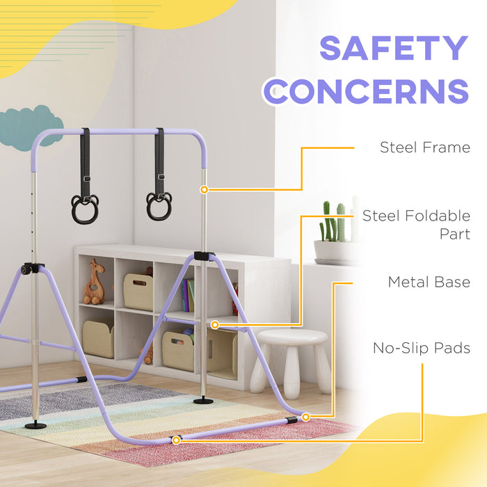 Adjustable Height Foldable Kids Gymnastics Bar with Non-Slip Mats, Purple