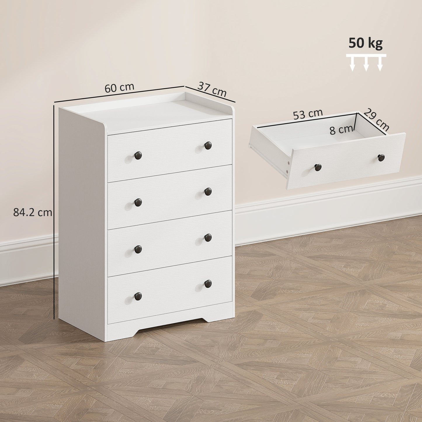 4 Drawer Chest of Drawers, Storage Cabinet, White Wood Effect