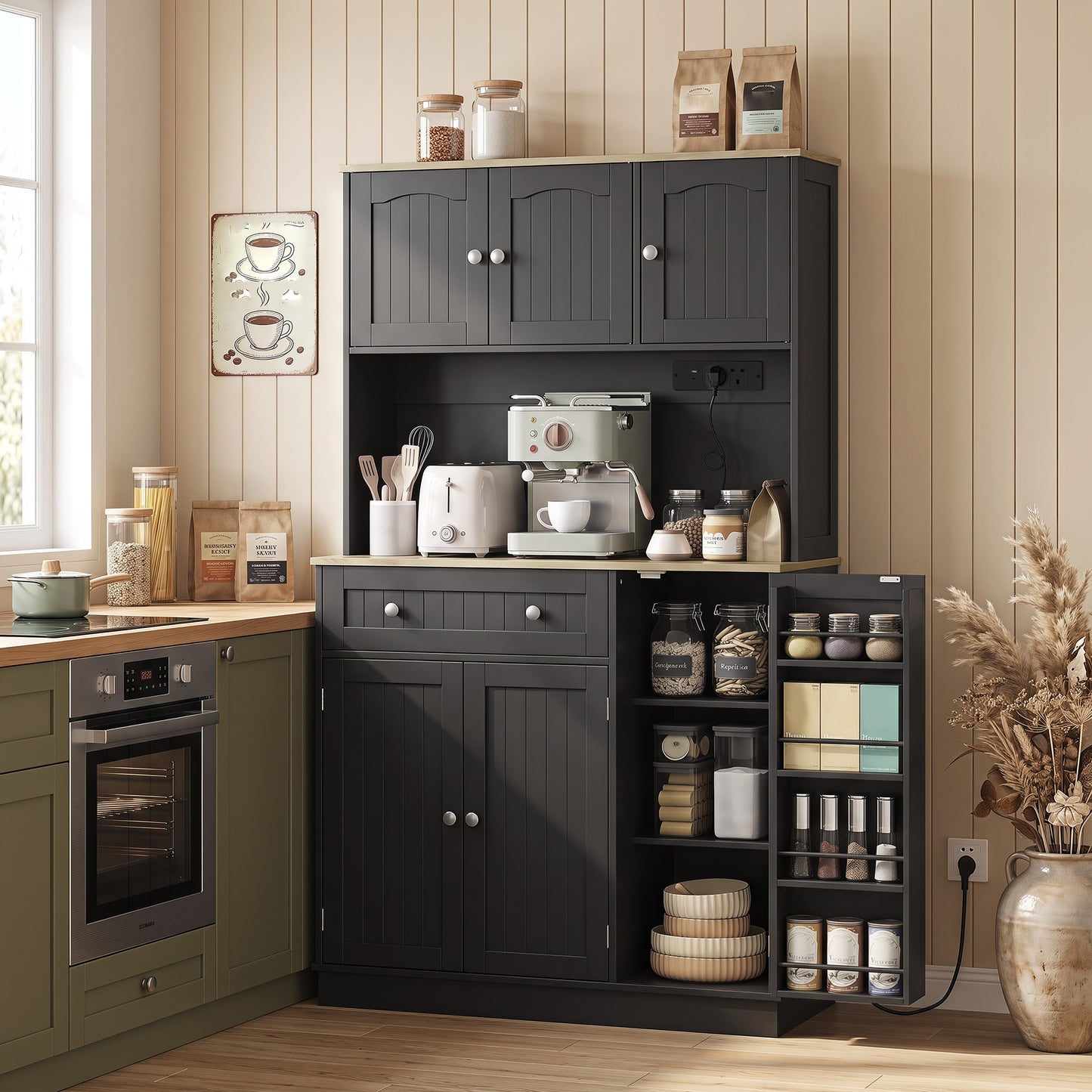Pantry Storage Cabinet with Adjustable Shelves and 4 Door Racks