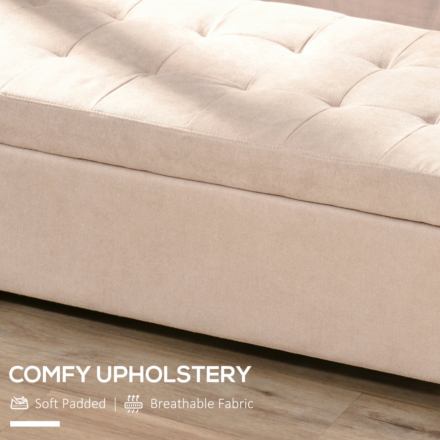 Storage Ottoman Bench Padded w/ Tufting Hinged Lid Wood Frame Beige