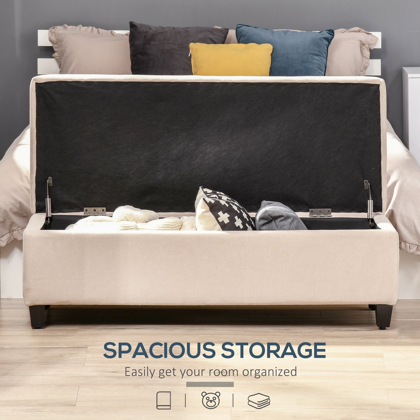 Storage Ottoman Bench Padded w/ Tufting Hinged Lid Wood Frame Beige