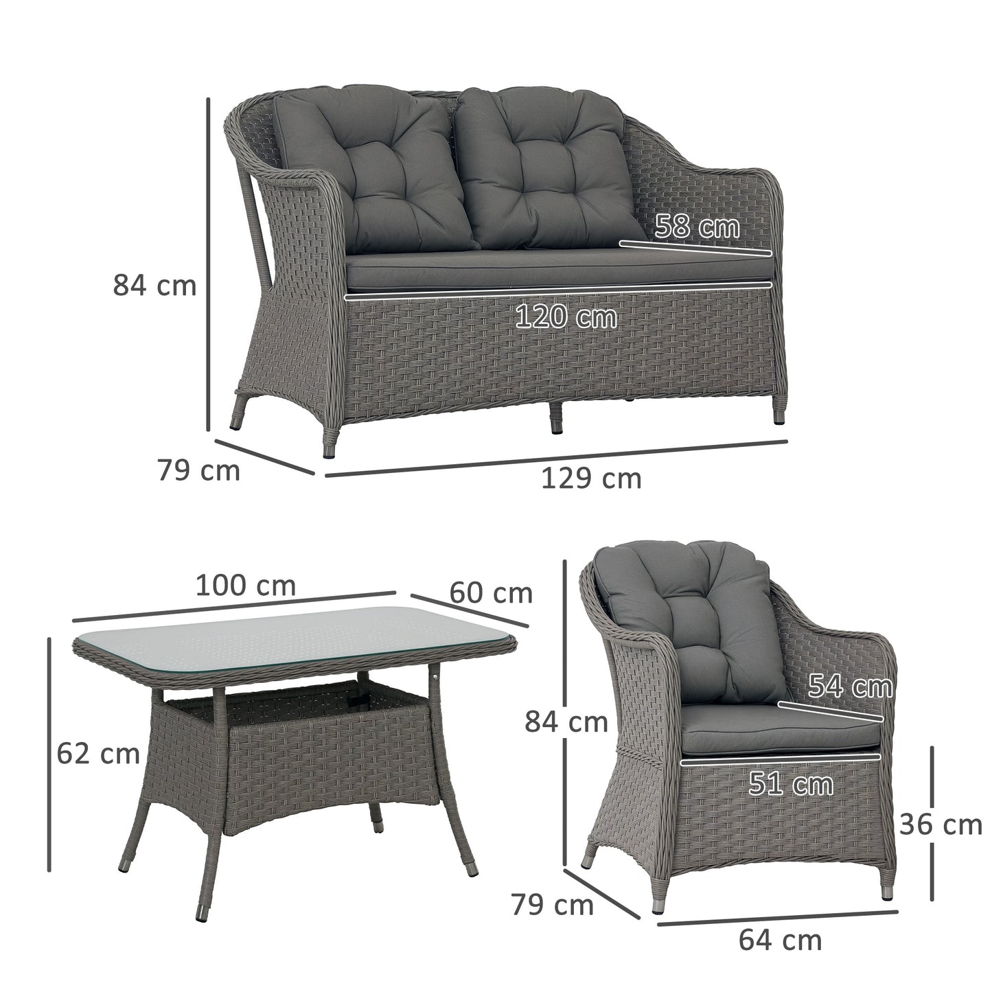 4 PCS Rattan Garden Furniture, Padded Cushions Conversation Sofa Set