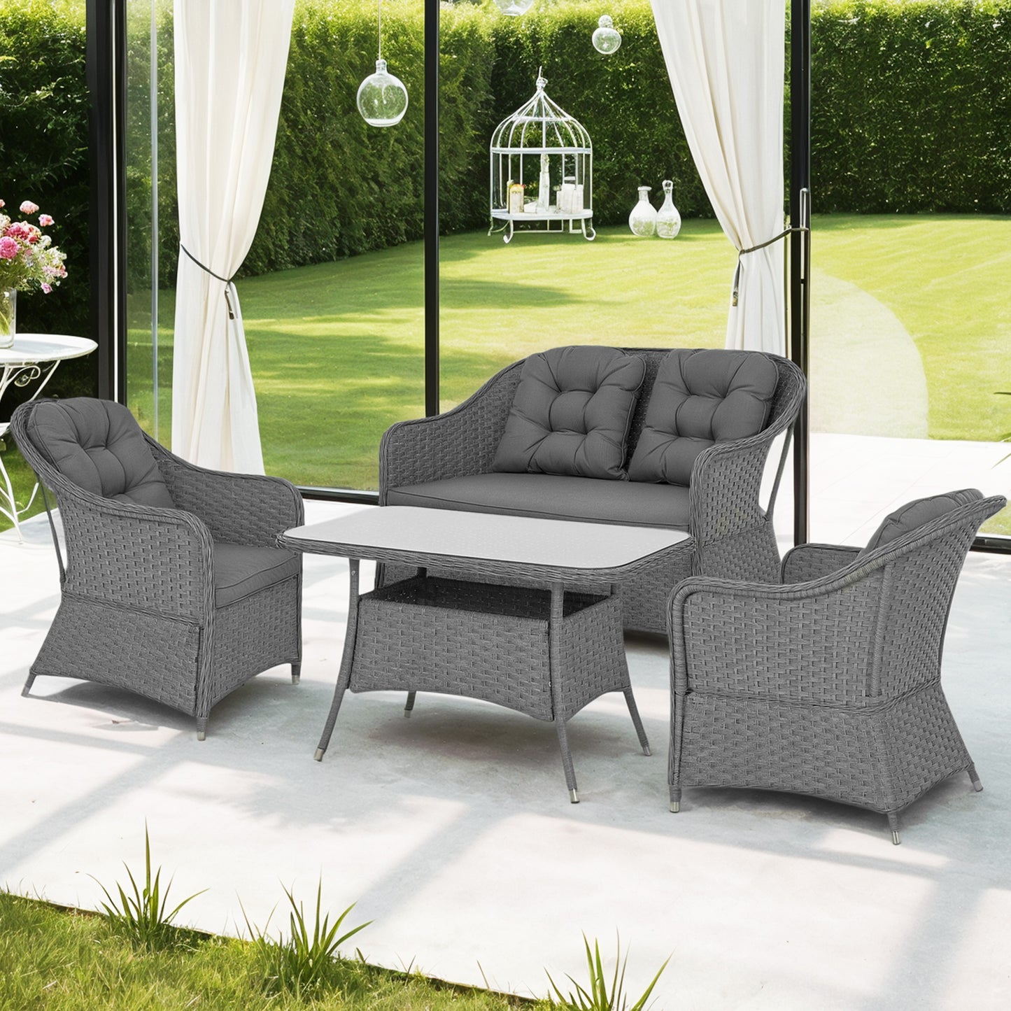 4 PCS Rattan Garden Furniture, Padded Cushions Conversation Sofa Set