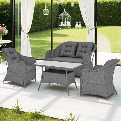 4 PCS Rattan Garden Furniture, Padded Cushions Conversation Sofa Set