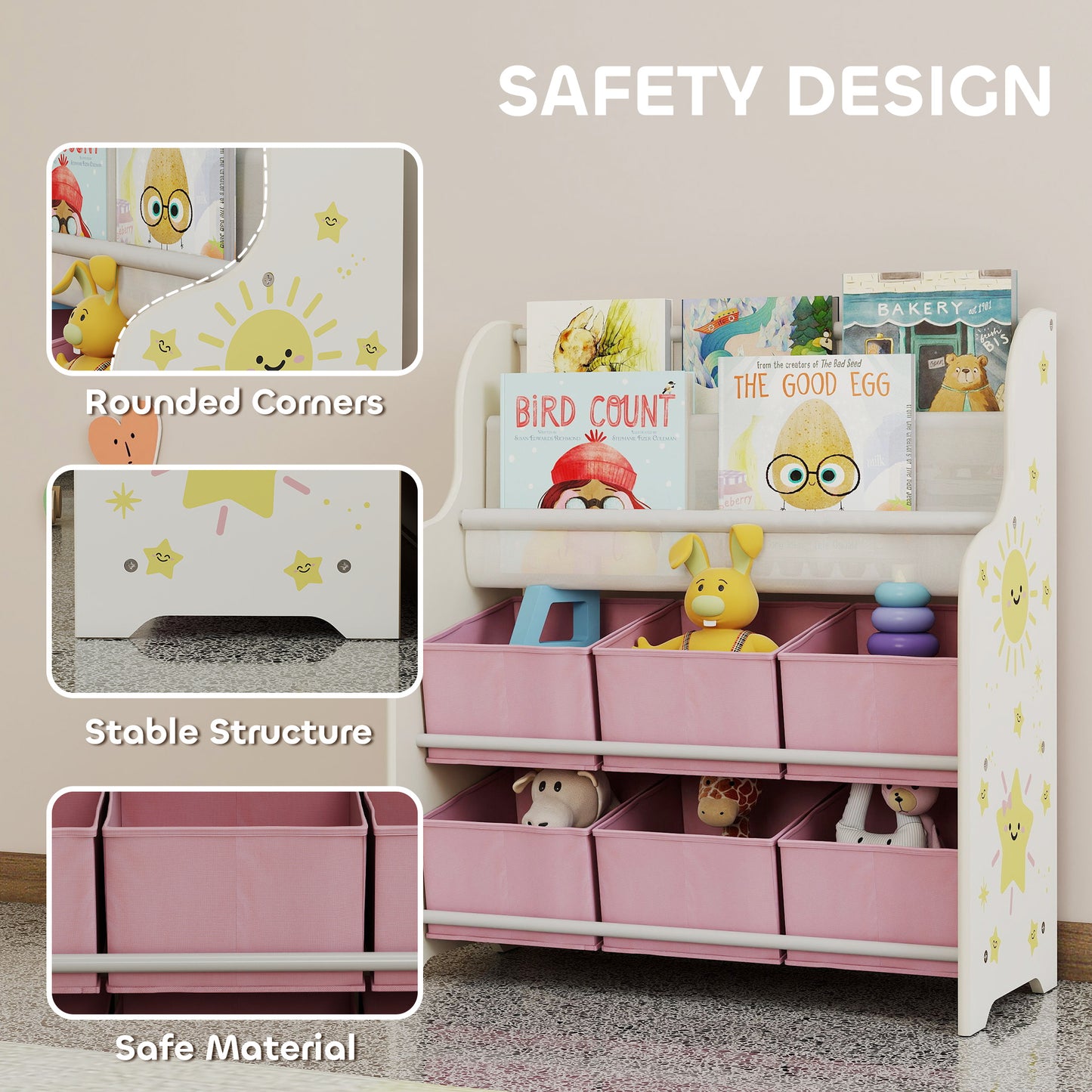 Kids Storage Unit with 6 Fabric Drawers & 2-Tier Sling Rack, Pink