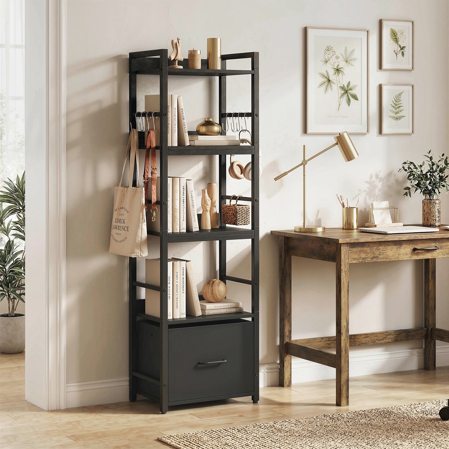 4-Tier Bookshelf, Shelving Unit with Drawer, 8 Hooks, Black