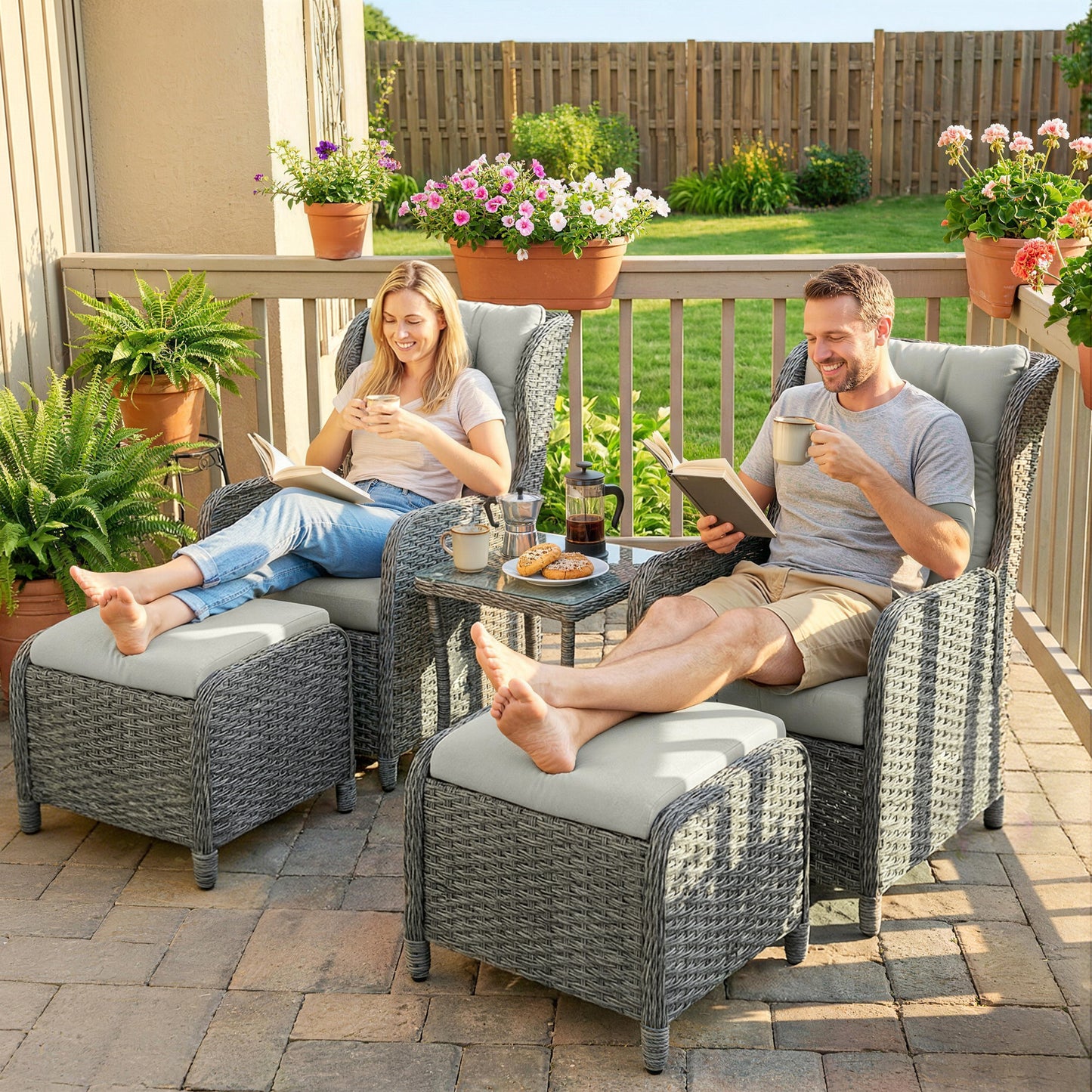 5 Piece Garden Furniture Set, Rattan Reclining Garden Chair Set of 2 with Footstool and Cushion  Cream
