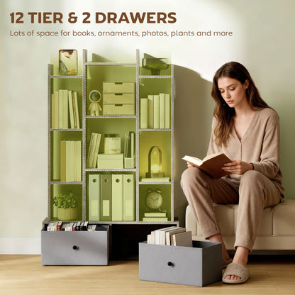 12-Tier Bookshelf, Bookcase w/ 2 Folding Drawer, Graphite Wood Effect