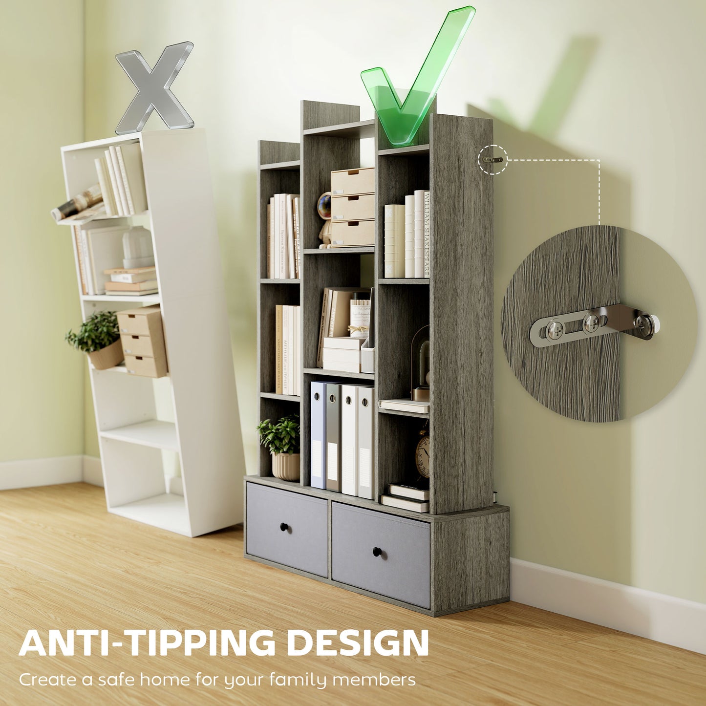 12-Tier Bookshelf, Bookcase w/ 2 Folding Drawer, Graphite Wood Effect