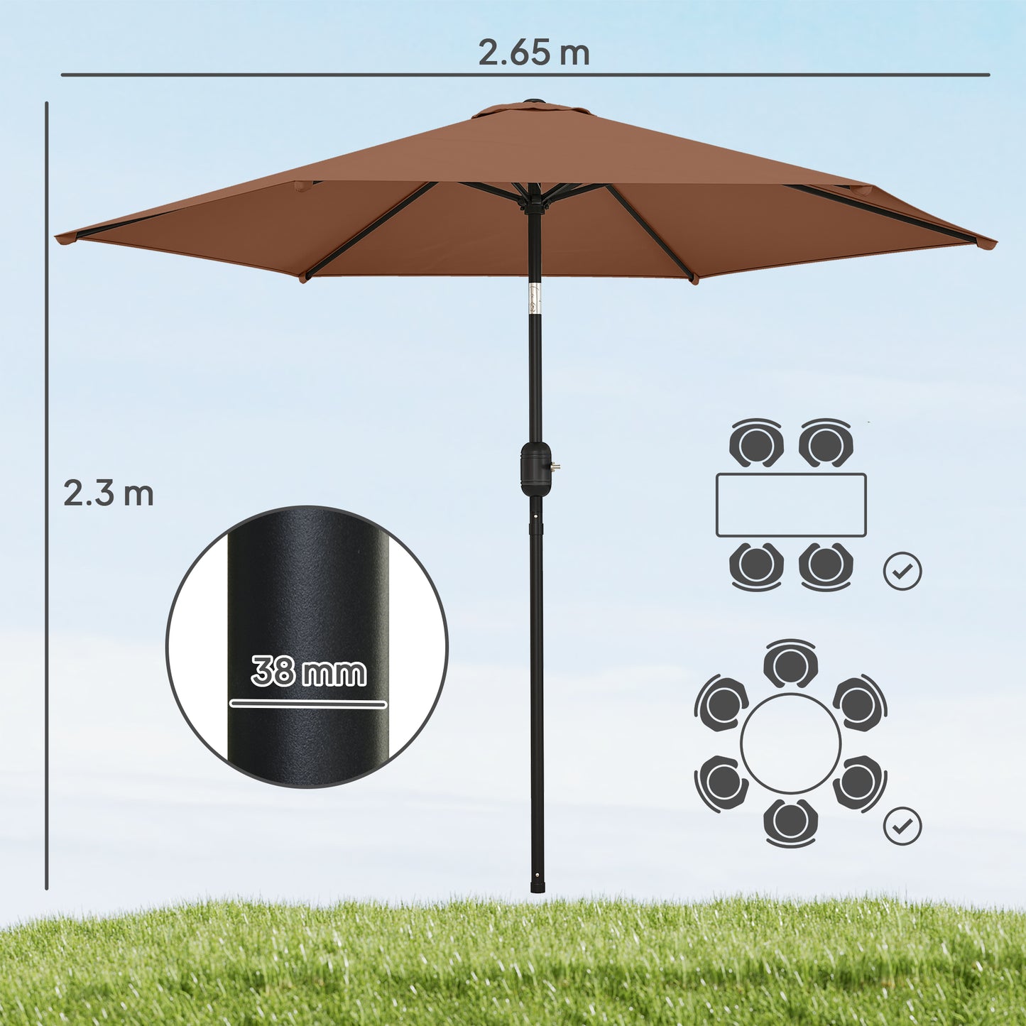 2.6M Garden Parasol Umbrella with Aluminium Pole, Tilt, Crank