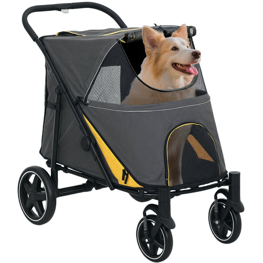 Foldable Dog Carriage w/ Universal Wheels, Shock Absorber - Grey
