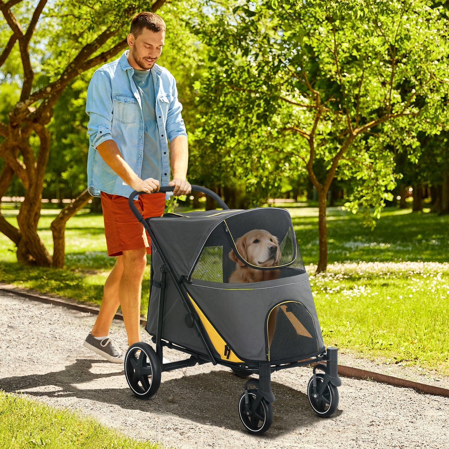 Foldable Dog Carriage w/ Universal Wheels, Shock Absorber - Grey