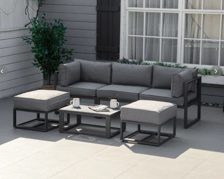 Garden Daybed, 6 Piece Outdoor Sectional Sofa Set, Aluminum Patio Conversation Furniture Set with Coffee Table, Footstool and Cushions, Grey