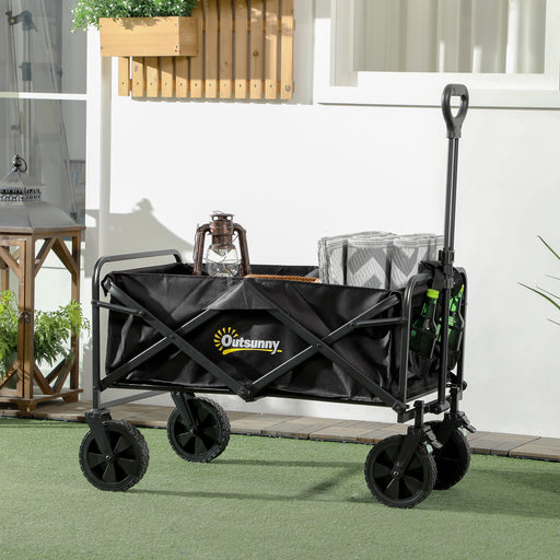 Folding Pull Along Cart Cargo Wagon Trolley with Telescopic Handle - Black