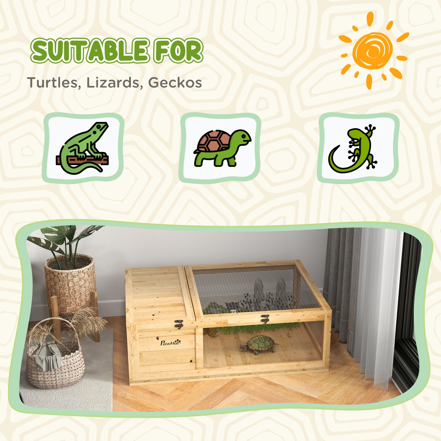 Tortoise House w/ Mesh Roof, Small Pet Reptile Wooden House - Yellow