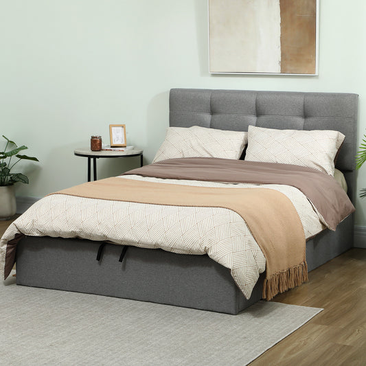 Linen-Look Upholstered Double Ottoman Bed Frame with Gas-Lift Storage - Grey
