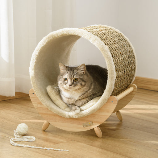 Elevated Cat House, Kitten Bed, Pet Shelter, Wrapped with Scratcher, Soft Cushion, 41 x 38 x 43 cm, Khaki