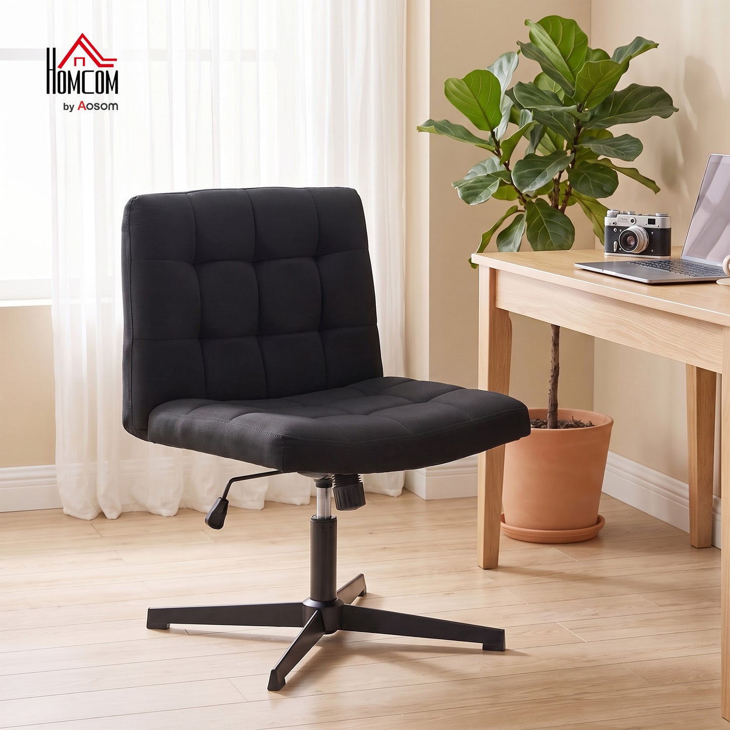 Armless Office Chair, Cross Legged Vanity Chair with Wide Seat, Black