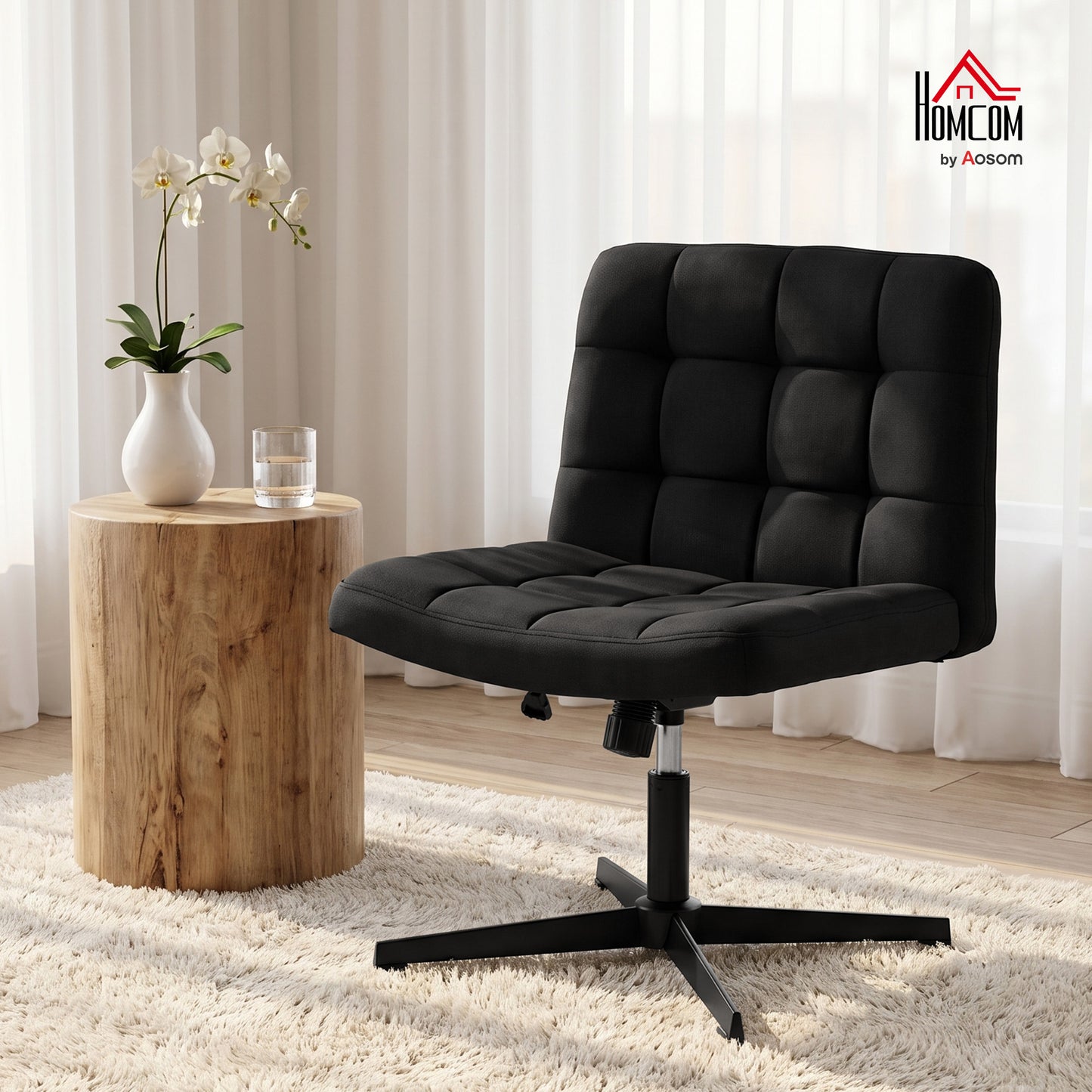 Armless Office Chair, Cross Legged Vanity Chair with Wide Seat, Black