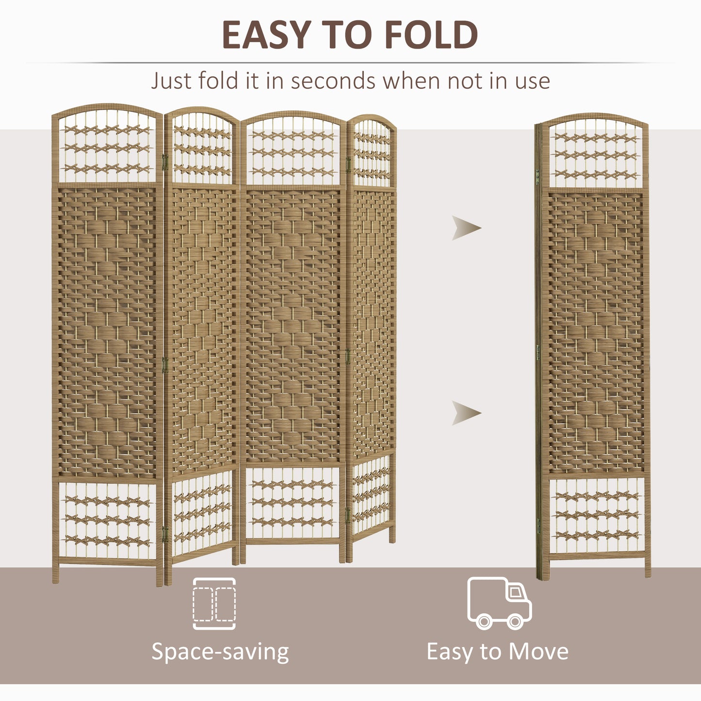 4 Panel Folding Room Divider, Privacy Screen, Freestanding Paravent Partition Separator for Living Room, Bedroom and Office, 160 x 170cm, Natural Wood Finish