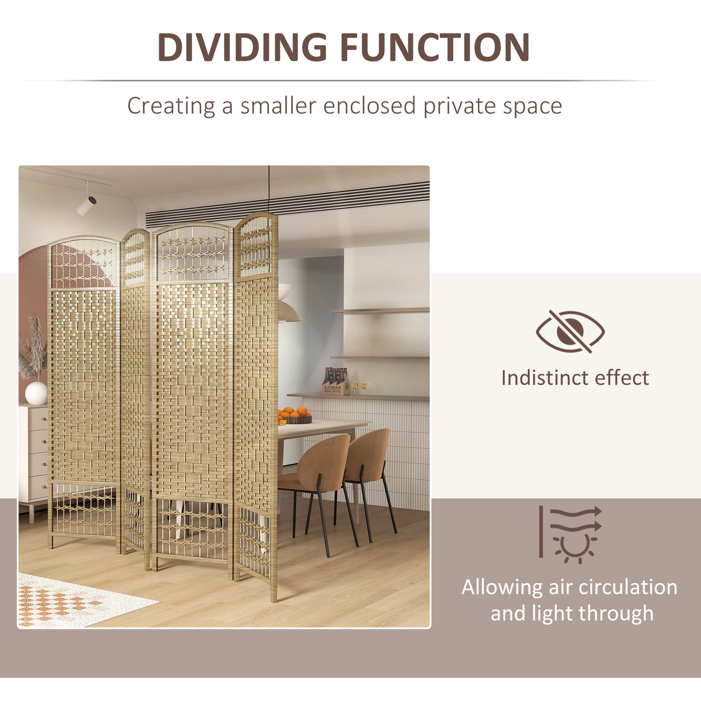 4 Panel Folding Room Divider, Privacy Screen, Freestanding Paravent Partition Separator for Living Room, Bedroom and Office, 160 x 170cm, Natural Wood Finish