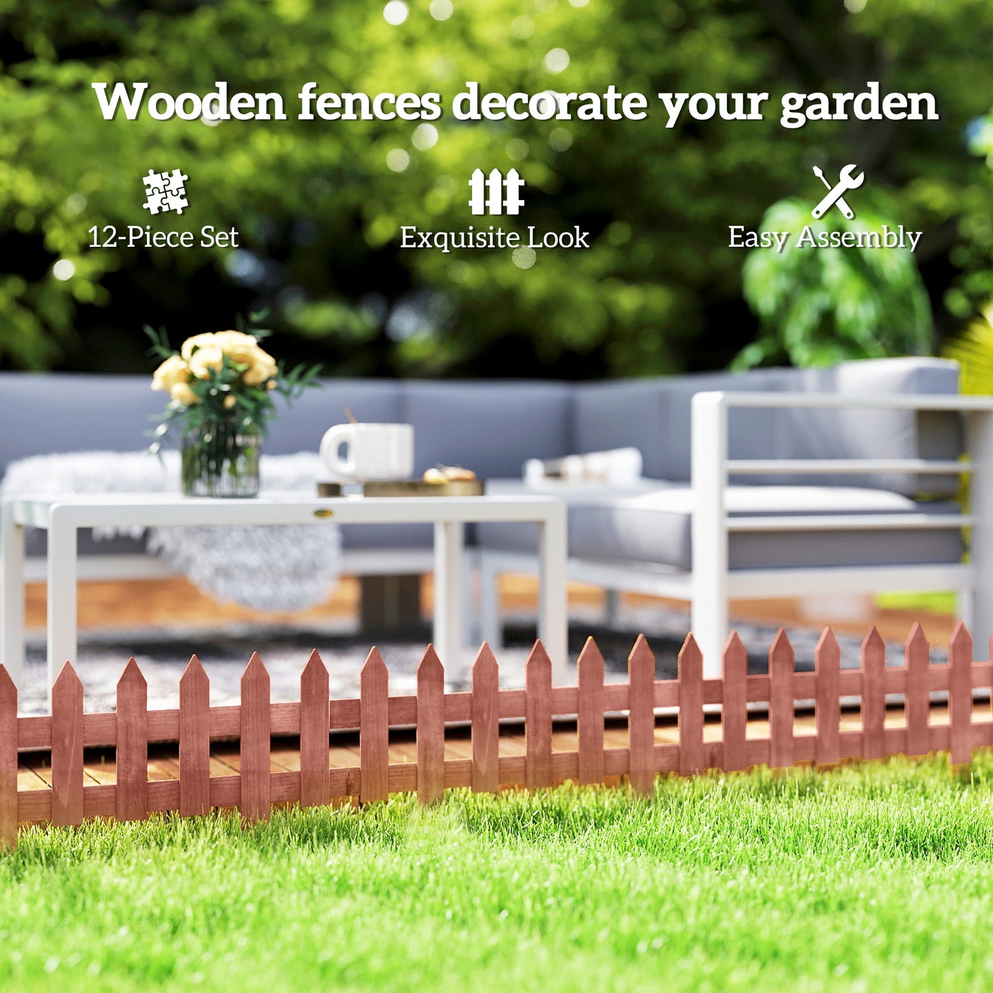 Pack of 12 Wooden Border Fences, Garden Fixed Picket Fence for Lawn Edging, Flowerbed, 60L x 1D x 34H cm, Rustic Brown
